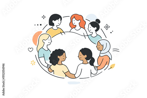 Community of women. A circle of women connected through subtle lines or shared space, symbolizing unity and mutual support. Abstract shapes add warmth and