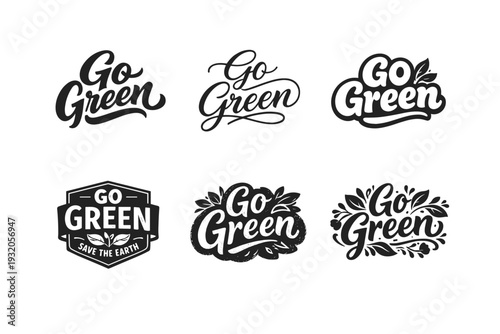 Go Green. Set lettering. harmonious lettering variations of the same emblematic concept, each with different artistic interpretation (Bold hand-lettering with
