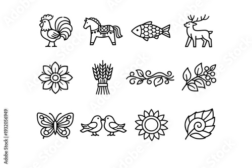 Folk Motifs. Line icon set of Folk Motifs: rooster motif, horse motif, fish motif, deer motif, flower rosette, wheat sheaf, vine ornament, berry branch,
