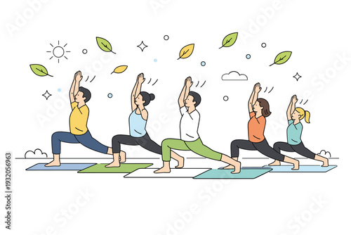 Group yoga session. Several people practicing yoga together on mats in an open field, synchronized in poses with calm expressions. Friendly, relaxed outdoor