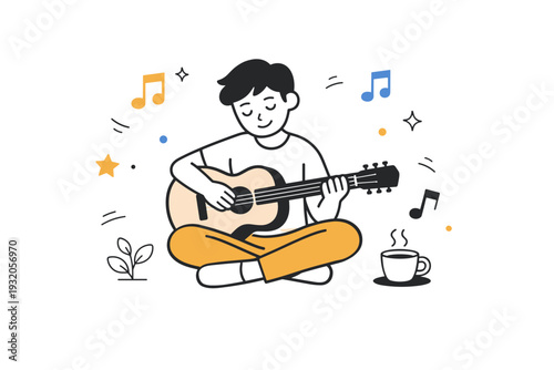 Playing music offline. A person playing an acoustic guitar or piano, simple notes floating gently around. Warm creative scene focused on sound and presence.