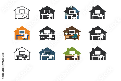 Setting up a home office. Icon set. Set Logo of Setting up a home office: desk with computer. harmonious logo variations of the same emblematic concept, each