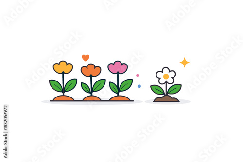 Late bloomers celebrating personal growth that arrives in its own time, shown through a small plant flowering later than others as a calm symbol of patience