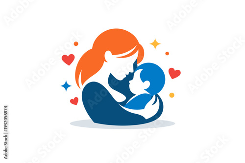 Emotional bond in modern motherhood expressed by a close mother and baby silhouette surrounded by small heart and sparkle elements. The scene highlights warmth