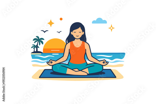 Mindful summer shown as a gentle yoga session on a beach with soft waves and a setting sun, conveying balance, mindfulness, and peaceful seasonal energy.
