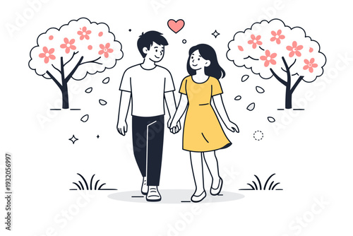 Spring romance stroll. A couple walking hand-in-hand under blooming trees, soft petals falling around them, conveying warmth and connection. Gentle smiles and