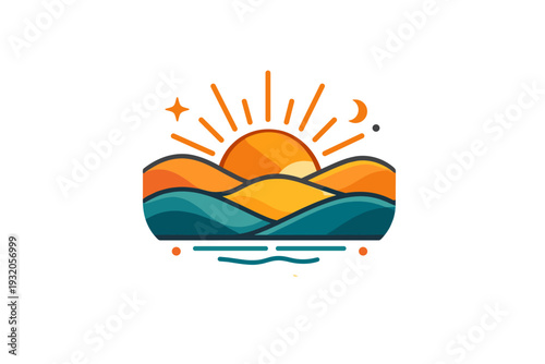 Sunset mood shown as warm rays spreading across layered abstract hills, symbolizing transition, rest, and the soft rhythm between day and night. Minimalist