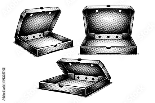Pizza box interior A realistic pizza box interior with fold geometry and ventilation holes, shown in three views emphasizing depth and structure. Black and