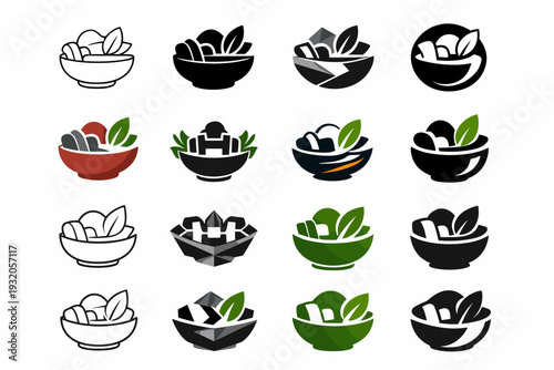 Food for fitness and athletic performance. Icon set. Set Logo of food for fitness and athletic performance: protein bowl. harmonious logo variations of the