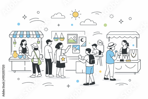 Art and crafts fair. People browsing handmade crafts and art booths in a sunny outdoor festival setting. Friendly, relaxed vibe with subtle abstract floating