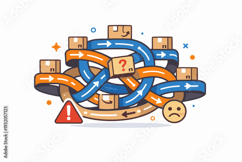 Reverse logistics nightmare illustrated through a tangled flow of boxes moving in opposite directions, conveying confusion, inefficiency and operational