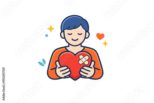 Healing centered care represented by a person holding a heart with a subtle bandage symbol as a metaphor for emotional recovery. The illustration communicates