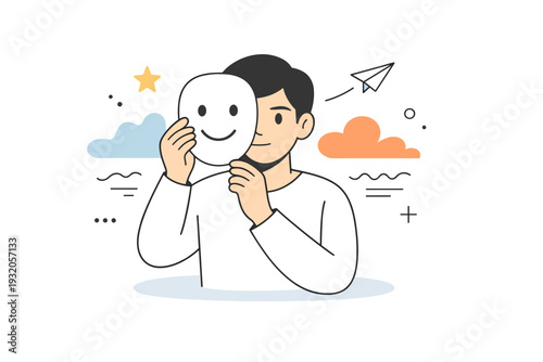 Masking behavior. A calm character adjusting their appearance while holding a neutral expression, with subtle abstract shapes around suggesting inner effort.