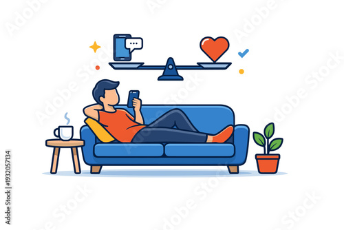 Modern living concept visualized with a person relaxing on a sofa holding a smartphone, suggesting balance between digital life and personal
