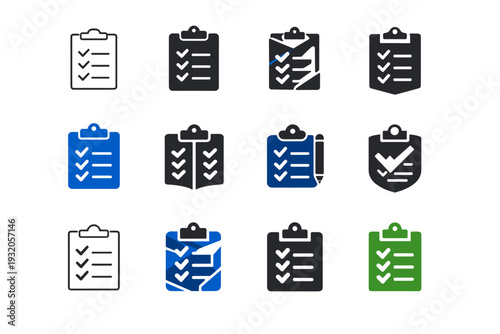 Software testing checklist. Icon set. Set Logo of checklist: clipboard with checkmarks. harmonious logo variations of the same emblematic concept, each with