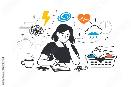 Living with invisible disabilities. A thoughtful scene of a person managing everyday tasks while internal effort is symbolized through abstract shapes and