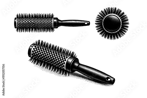 Hairbrush ? round barrel hairbrush with cylindrical bristle surface and narrow handle, shown in side profile, end-on view, and three-quarter angle