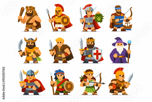 Legendary Heroes. Colorful flat vector icons set of Legendary Heroes: hercules, achilles, perseus, odysseus, gilgamesh, beowulf, king arthur, merlin,