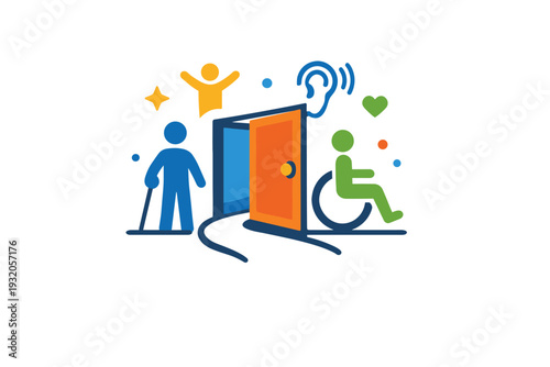 Inclusive design for physical spaces visualized with a welcoming doorway icon combined with universal access symbols and balanced geometric elements. The scene