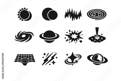 Cosmic Phenomena. Solid icon set of Cosmic Phenomena: solar eclipse, lunar eclipse, aurora, gravitational waves, black hole, event horizon, supernova