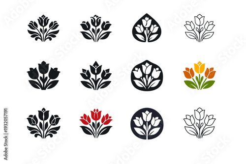 Fragrant flowers. Icon set. Set Logo of Fragrant flowers: floral bouquet emblem. harmonious logo variations of the same emblematic concept, each with different