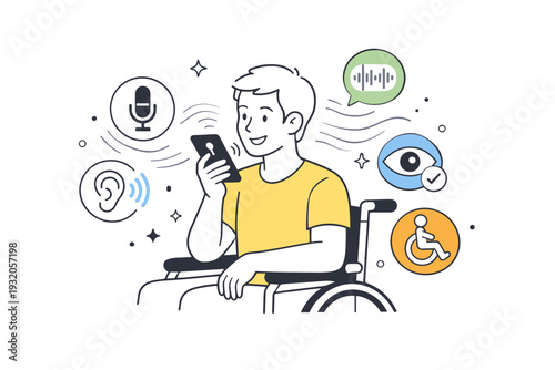 Accessible technology. Person using a smartphone with voice control and assistive icons visible. Feeling of ease and independence, soft sound waves and symbols