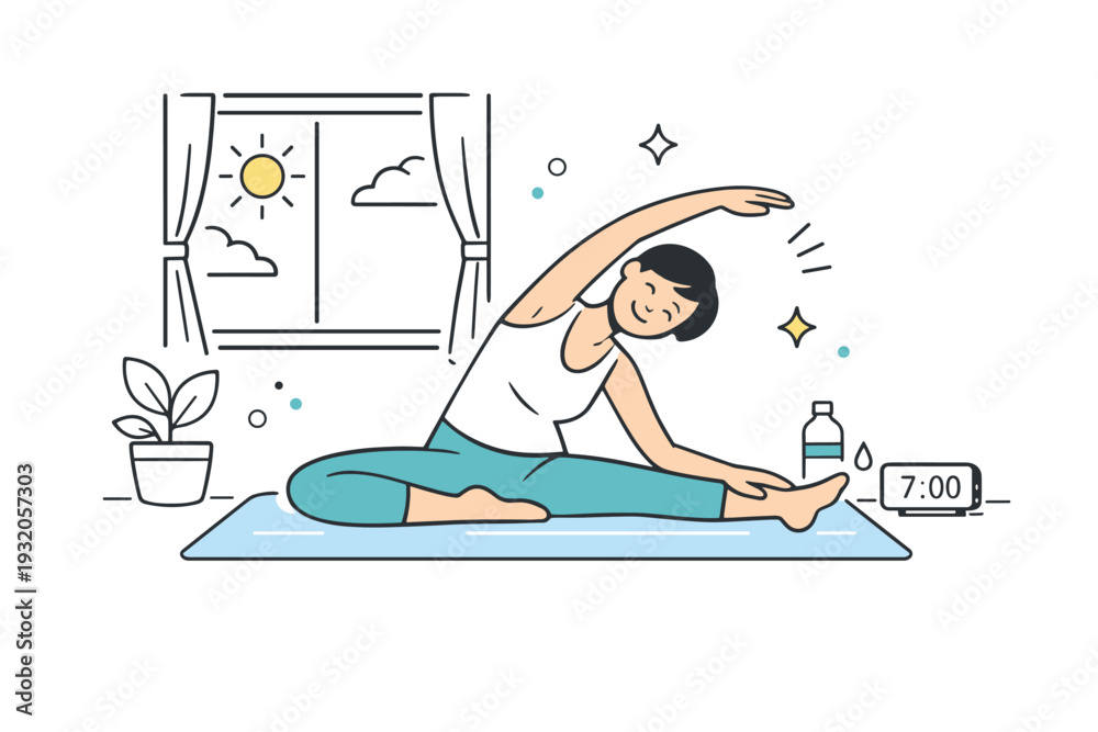 Obraz premium Morning exercise. A person stretching on a yoga mat near a window with sunlight streaming in, creating a calm and energizing start to the day. Minimalist flat