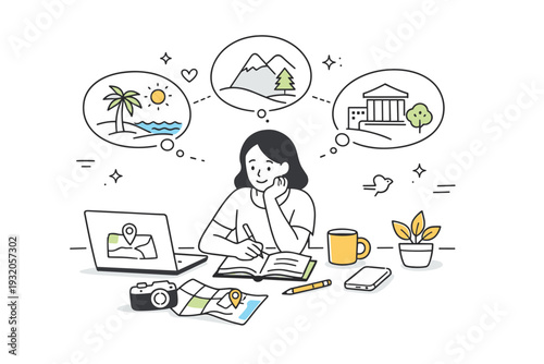 Staycation concept. A calm scene of a person planning short local trips from home using a laptop and notes. Relaxed mindset and intentional travel without long