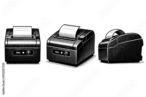 Receipt Printer ? Thermal receipt printer shown in front-facing view, angled three-quarter view, and side profile, depicting the same device with realistic
