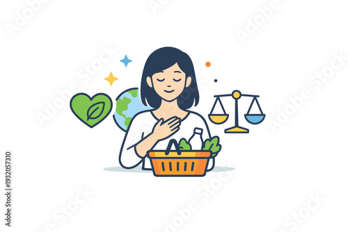 Ethical consumerism mindset shown through a calm shopper figure surrounded by icons of leaf heart and balance scales. The scene reflects thoughtful decision