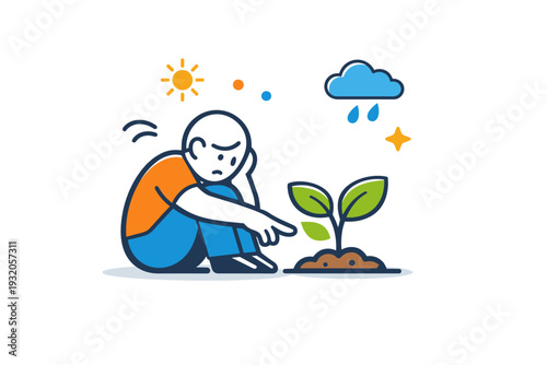 Climate anxiety and hope expressed through a small plant growing beside a worried figure, communicating resilience, care, and cautious optimism. An uplifting