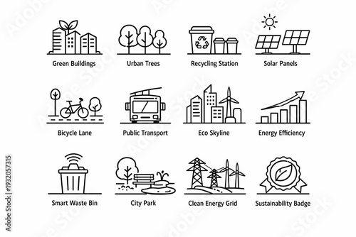 Sustainable City. Line icon set of Sustainable City: green buildings, urban trees, recycling station, solar panels, bicycle lane, public transport, eco