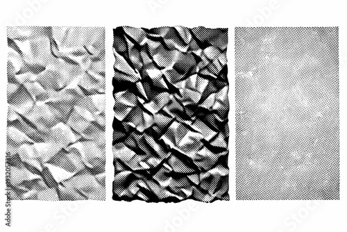 Grocery paper bag crumpled texture section shown lightly wrinkled, heavily wrinkled, and smoothed flat demonstrating paper material behavior. Black and white
