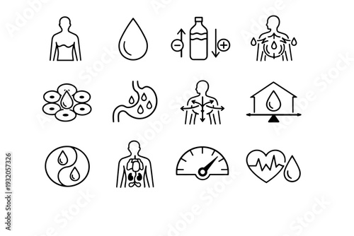 Role of Water in the Body. Line icon set of Role of Water in the Body: human body outline with water, water droplet symbol, hydration balance, body fluid