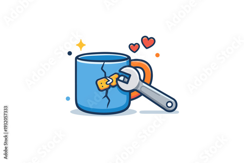 Repair culture promoting care and longevity over disposal, shown through a simple broken object gently fixed with a wrench and small heart symbols suggesting