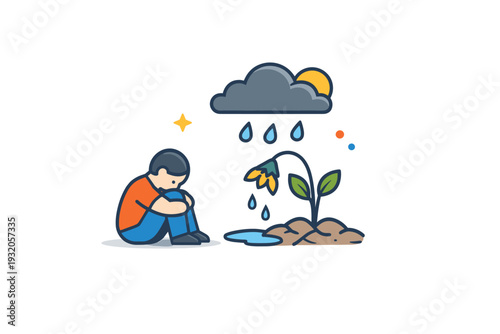 Eco grief reflecting quiet sadness about environmental loss where a small human figure looks at a wilting plant under a cloud, expressing concern, care, and