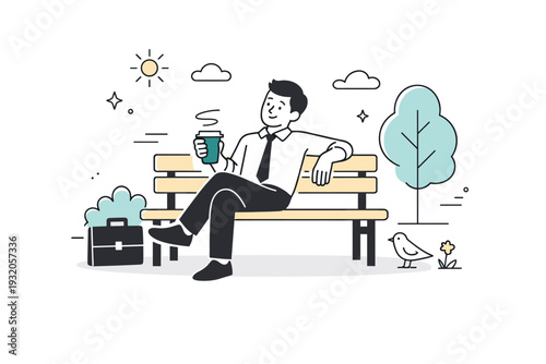 Pocket park break. Office worker sitting on a bench with coffee, relaxed posture during a short break. Everyday urban pause and mental reset, light motion