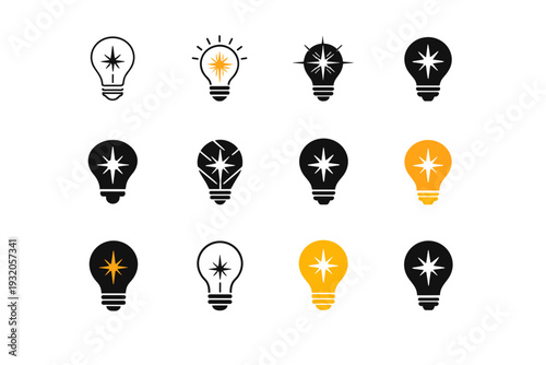 Flickering Light Bulb. Icon set. Set Logo of Flickering Light Bulb: spark inside bulb. harmonious logo variations of the same emblematic concept, each with
