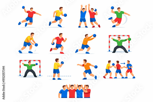 Handball actions. Colorful flat vector icons set of handball actions: jump throw motion, fast break run, defensive block, spin shot, bounce pass, fake move,