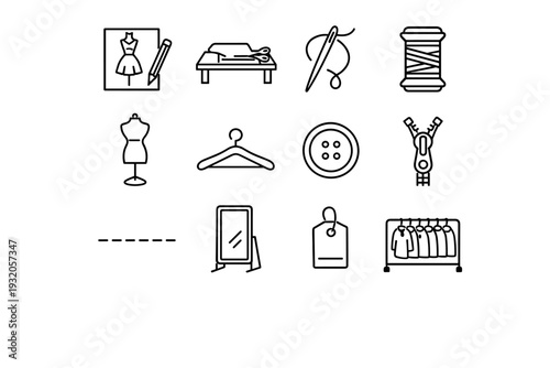 Garment Production. Line icon set of Garment Production: fashion sketch, fabric cutting table, sewing needle, thread spool, dress form, garment hanger, button,