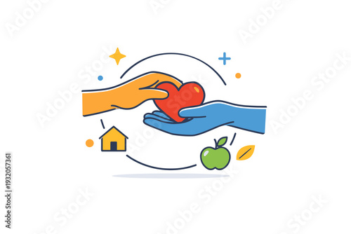 Mutual aid networks shown as connected hands passing a single shared item, expressing solidarity, reciprocity, and collective responsibility. A warm visual
