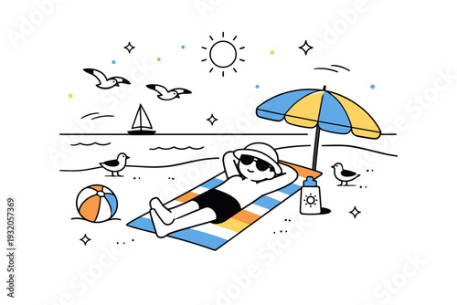 Beach relaxation scene. A person lying on a colorful beach towel under a sun umbrella, sunglasses on, with calm waves and seagulls in the background, evoking a