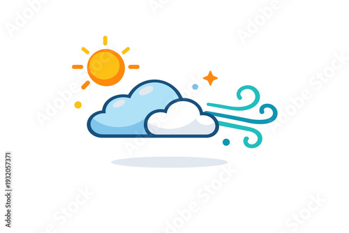 Warm weather represented by a minimal scene of sun and breeze lines interacting with soft clouds, conveying airflow, comfort, and natural balance. A modern and