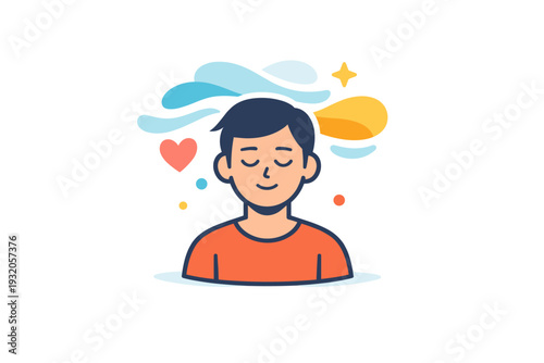 Human emotions focused on calm and mindfulness with a relaxed figure and soft flowing shapes around the head, conveying emotional regulation and inner peace. A