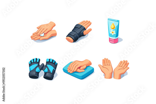 Hand care. Isometric flat vector icons set of Hand care: moisturizing hands, supportive wrist brace, hand cream tube, ergonomic gloves, rest break hands,