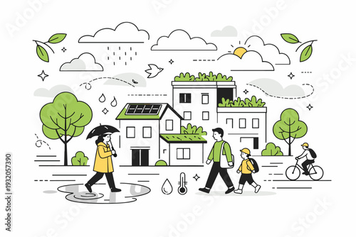 Climate adaptation. Urban neighborhood with trees, green roofs, and people walking calmly after rain. Sense of resilience and everyday adjustment to climate