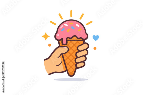 Hot Summer ice cream treat showing a hand holding a dripping ice cream cone with small sprinkles and sun rays around, conveying refreshment, joy, and seasonal