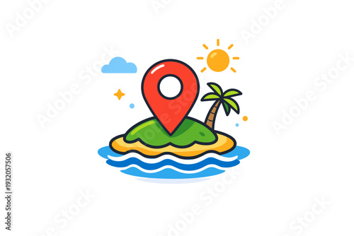 Summer travel concept visualized with a map pin placed on a small island with waves and sun, suggesting destination discovery, planning, and exciting getaways.