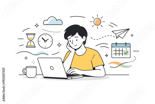 Flow state. A person surrounded by subtle abstract shapes suggesting mental immersion and time passing smoothly. The scene feels focused, calm and deeply