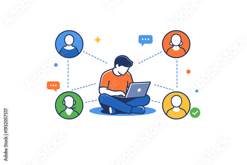 Remote work isolation represented through a character connected to others only by thin digital lines, symbolizing weak social presence and virtual-only